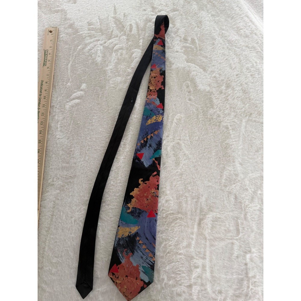 Vintage C. Klassen Thai Silk Abstract Geometric Necktie Black Blue Orange 90s‎